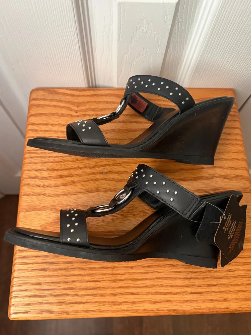 🆕HARLEY-DAVIDSON Black Leather Studded Moto Biker Strappy Ring Wedge Sandals 7.5